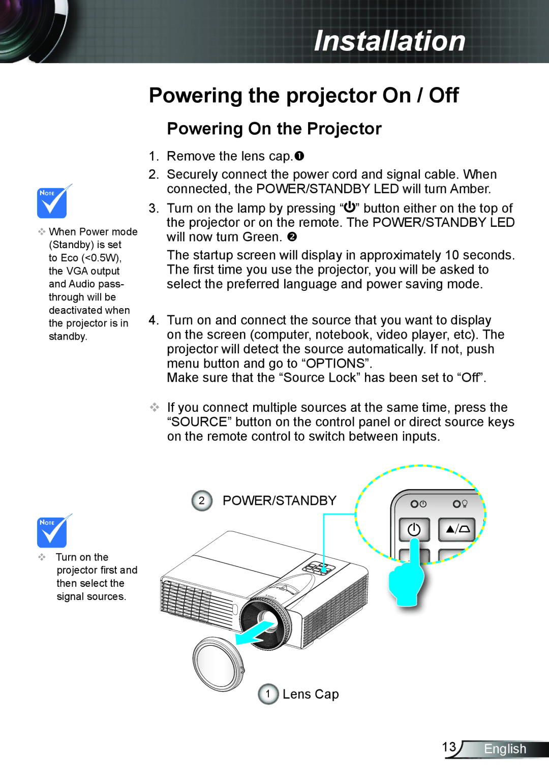 Optoma Technology TX6353D, TW6353D manual Powering the projector On / Off, Powering On the Projector 