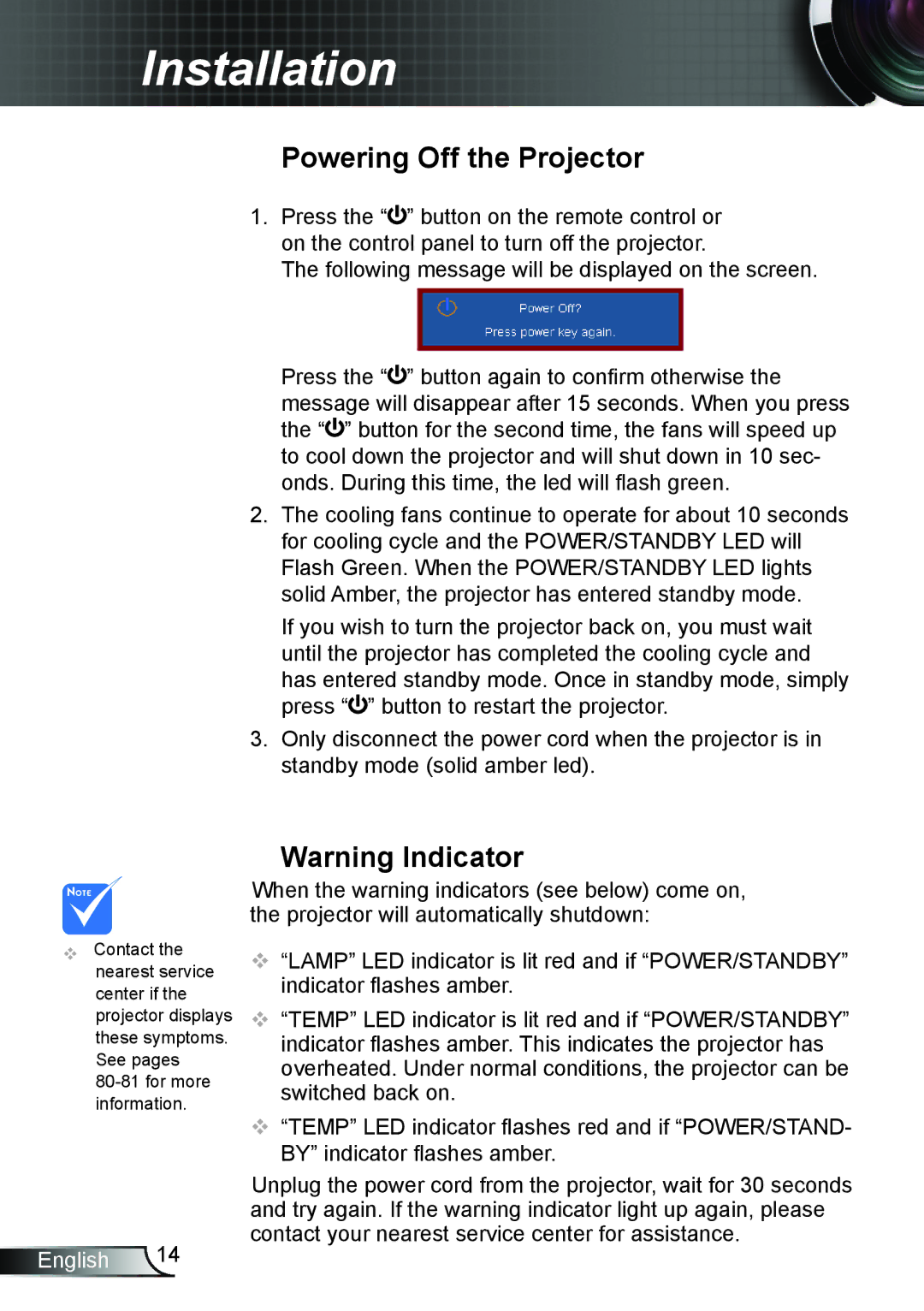 Optoma Technology TW6353D, TX6353D manual Powering off the projector 