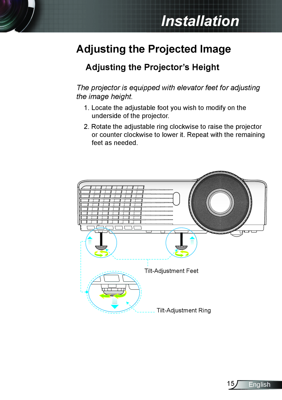 Optoma Technology TX6353D, TW6353D manual Adjusting the Projected Image, Adjusting the Projector’s Height 