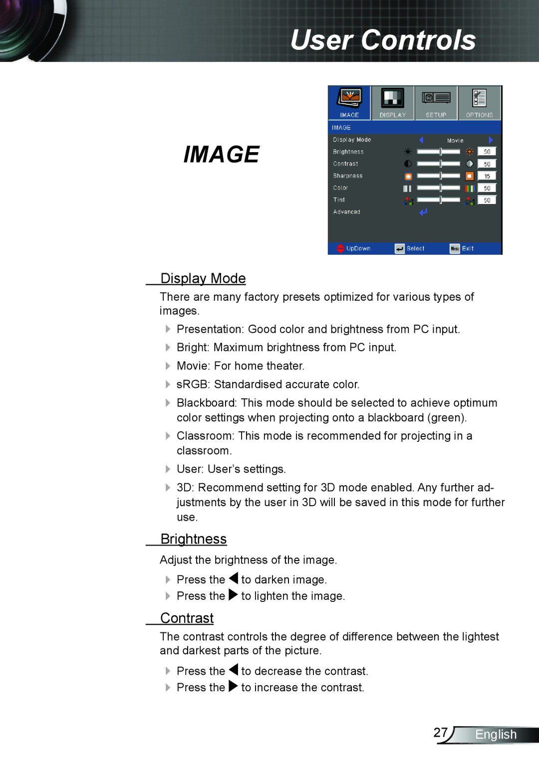 Optoma Technology TX6353D, TW6353D manual Display Mode, Brightness, Contrast 