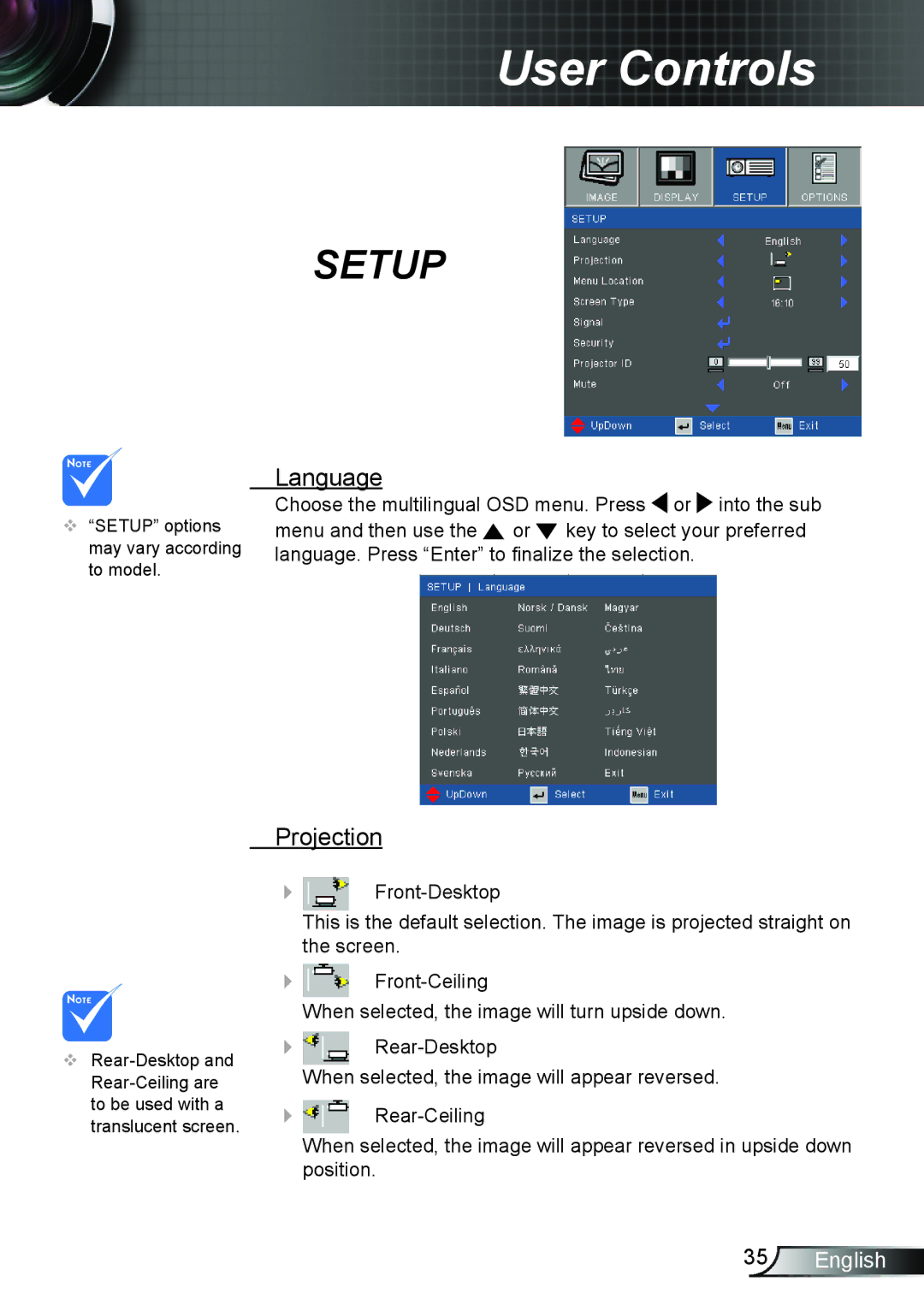 Optoma Technology TX6353D, TW6353D manual Language, Projection 