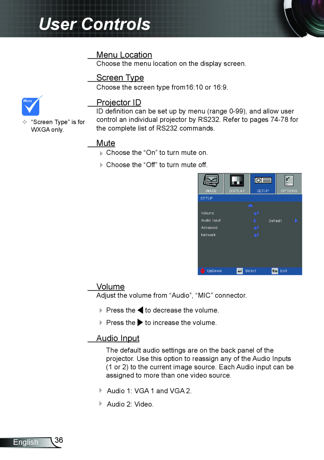 Optoma Technology TW6353D, TX6353D manual Menu Location, Screen Type, Projector ID, Mute, Volume, Audio Input 