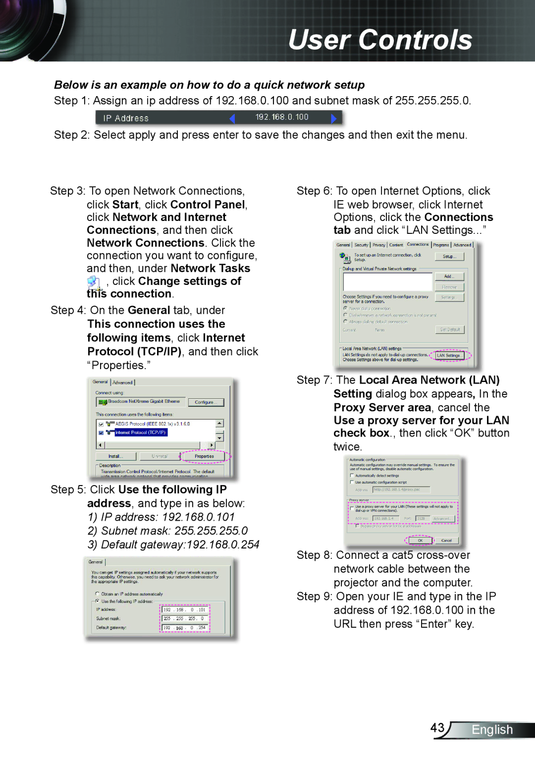 Optoma Technology TX6353D, TW6353D manual Below is an example on how to do a quick network setup 