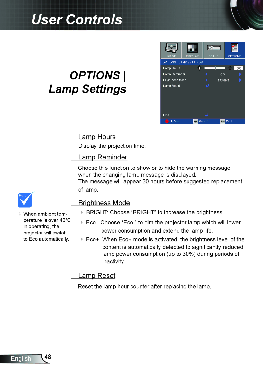 Optoma Technology TW6353D, TX6353D manual Lamp Hours, Lamp Reminder, Brightness Mode, Lamp Reset 