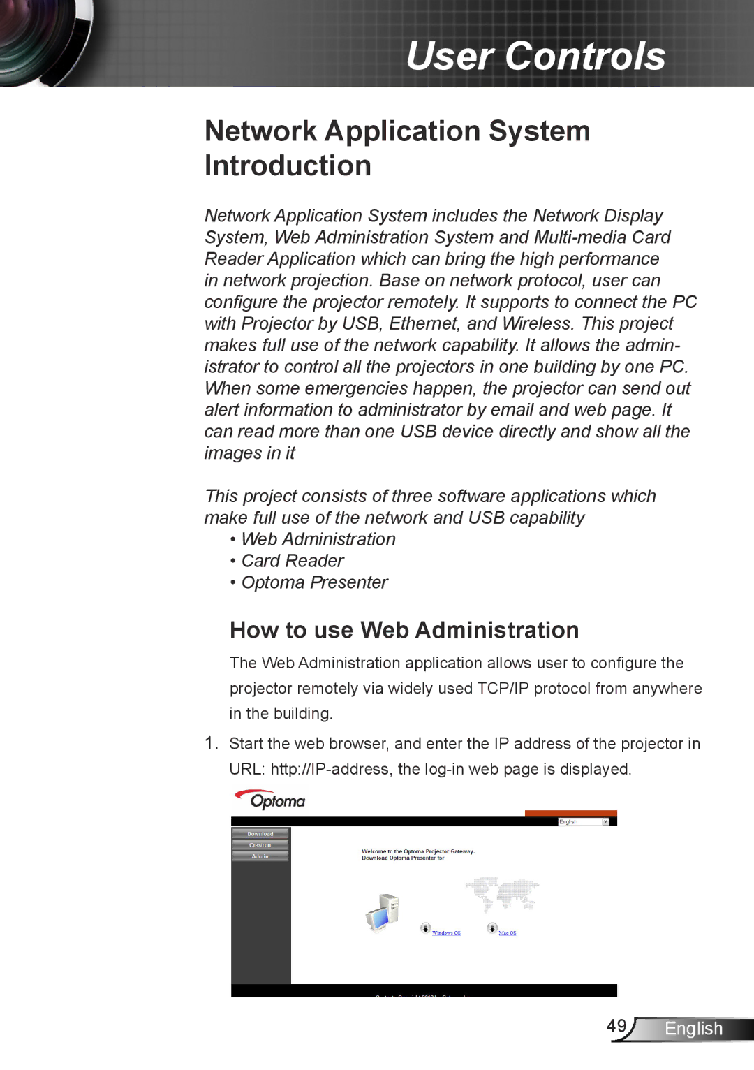 Optoma Technology TX6353D, TW6353D manual Network Application System Introduction, How to use Web Administration 