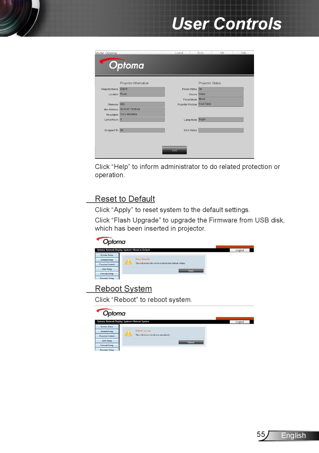 Optoma Technology TX6353D, TW6353D manual Reset to Default, Reboot System 