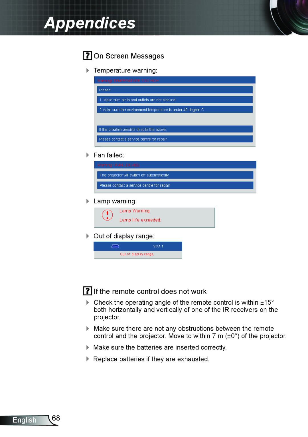 Optoma Technology TW6353D, TX6353D manual On Screen Messages 