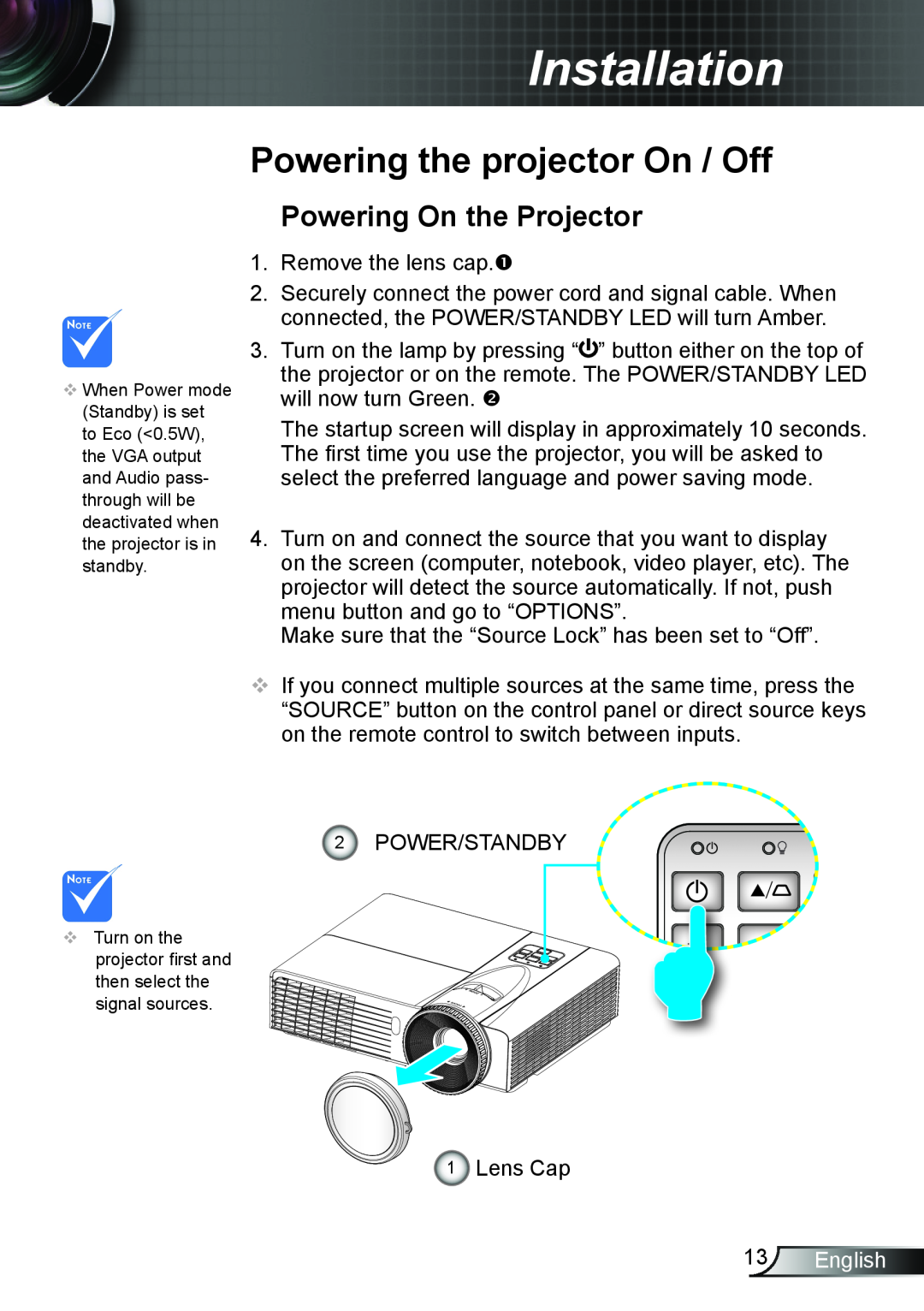Optoma Technology TX6353D, TW6353D manual Powering the projector On / Off, Powering On the Projector, English, Installation 