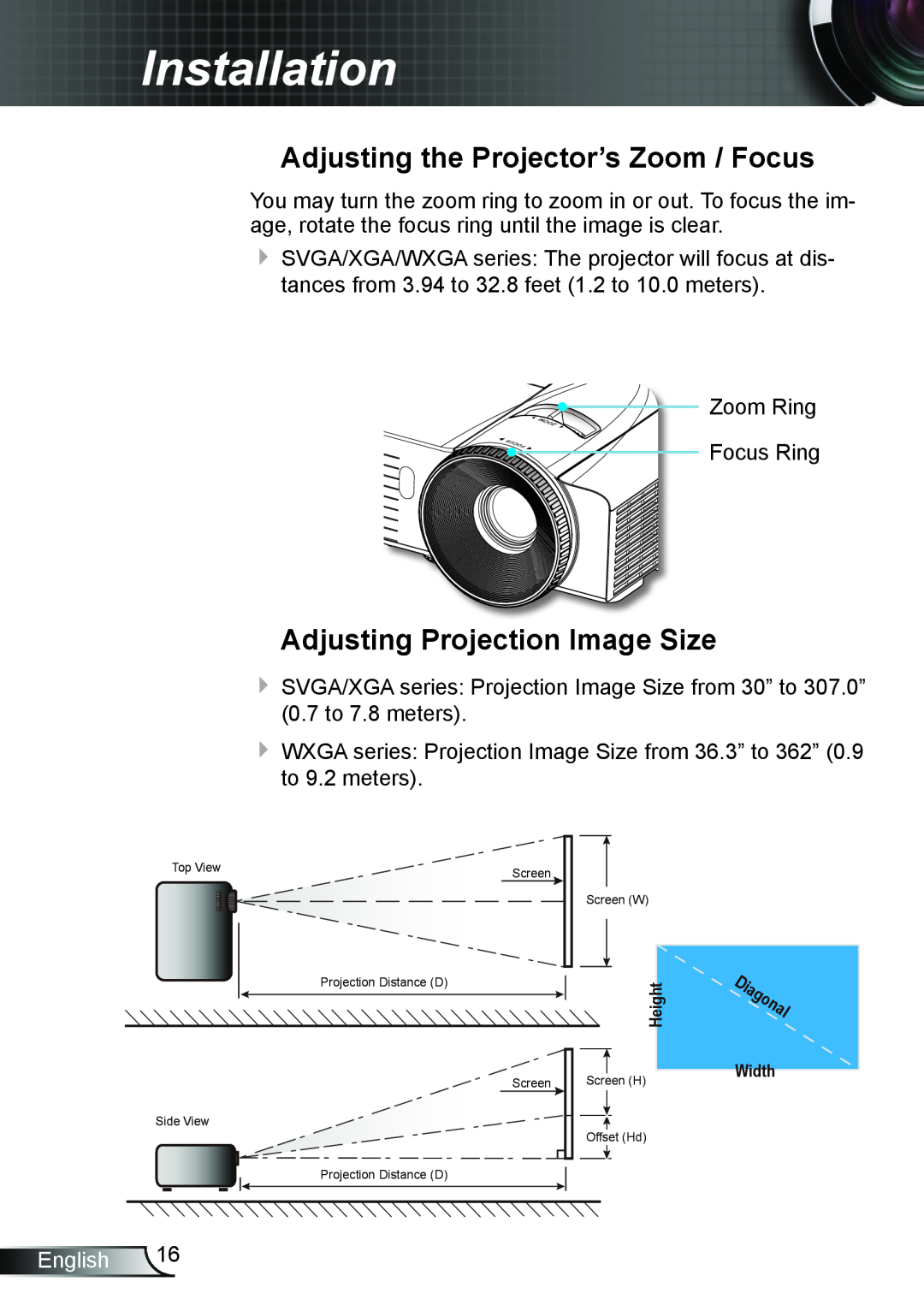 Optoma Technology TW6353D Adjusting the Projector’s Zoom / Focus, Adjusting Projection Image Size, Installation, English 