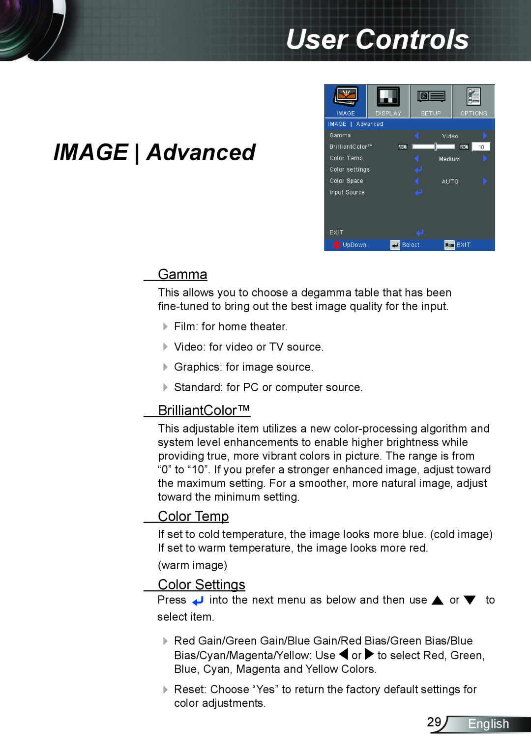 Optoma Technology TX6353D manual IMAGE Advanced, Gamma, BrilliantColor, Color Temp, Color Settings, English, User Controls 