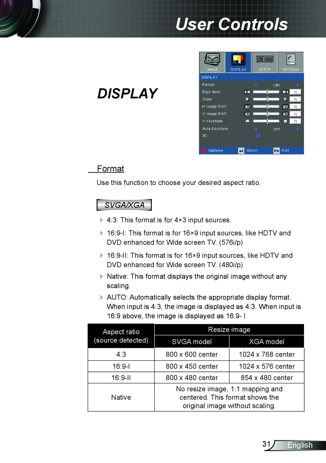 Optoma Technology TX6353D manual Display, Format, English, User Controls, Aspect ratio, Resize image, SVGA model, XGA model 