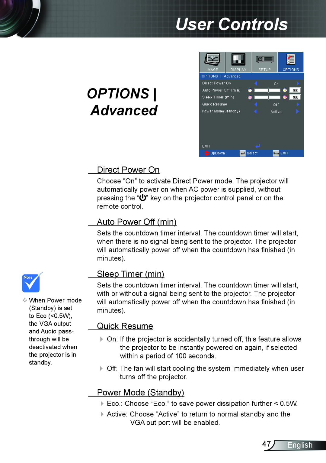 Optoma Technology TX6353D OPTIONS Advanced, Direct Power On, Auto Power Off min, Sleep Timer min, Quick Resume, English 
