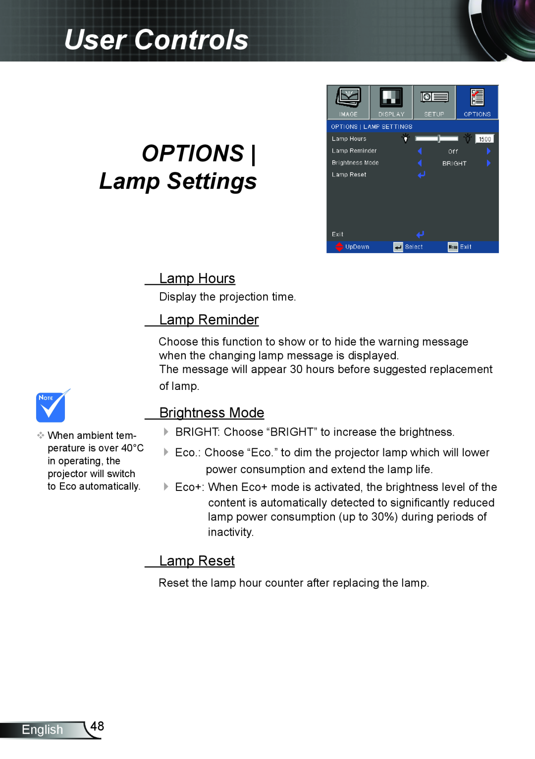 Optoma Technology TW6353D OPTIONS Lamp Settings, Lamp Hours, Lamp Reminder, Brightness Mode, Lamp Reset, User Controls 