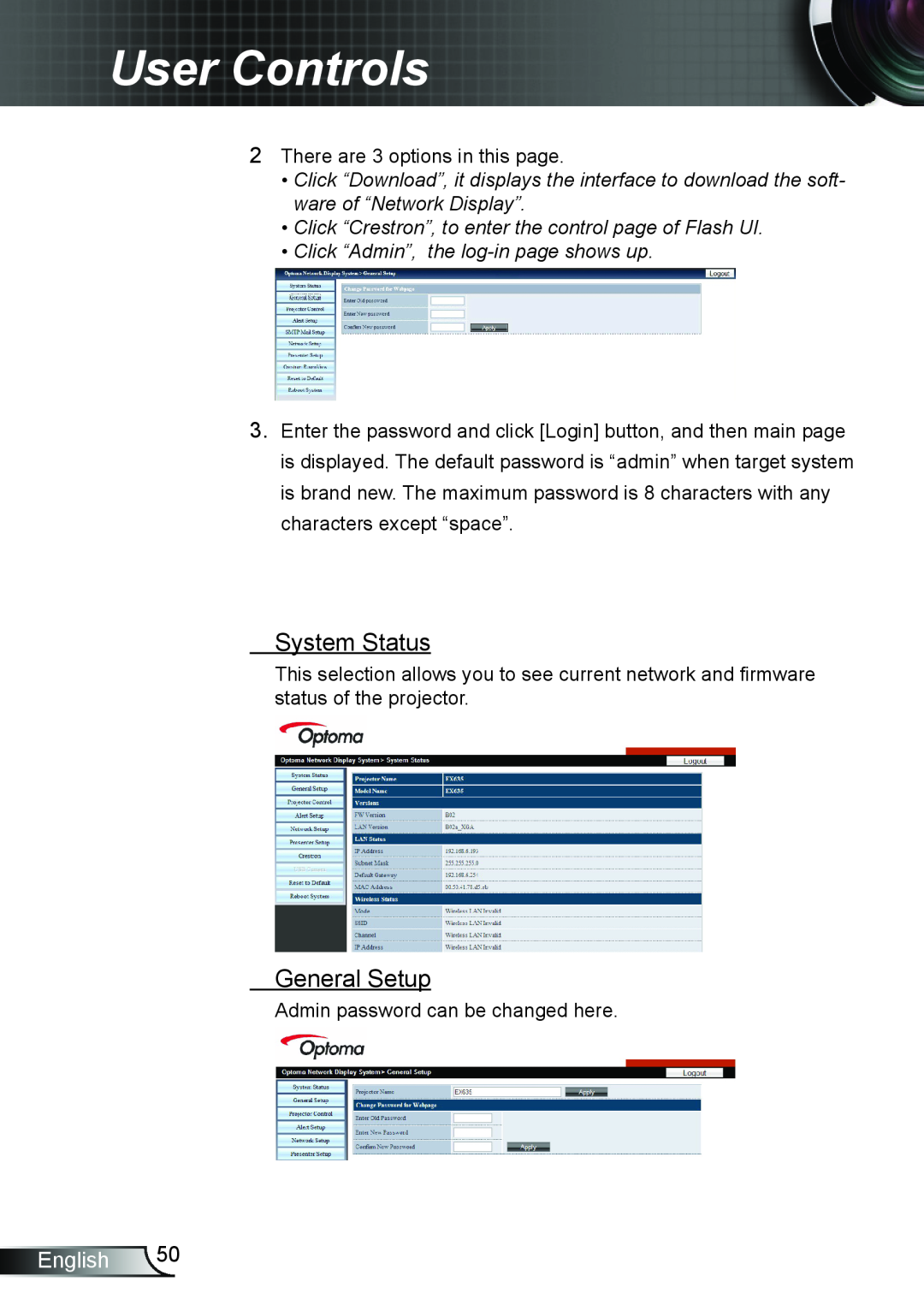 Optoma Technology TW6353D System Status, General Setup, User Controls, English, Click “Admin”, the log-in page shows up 
