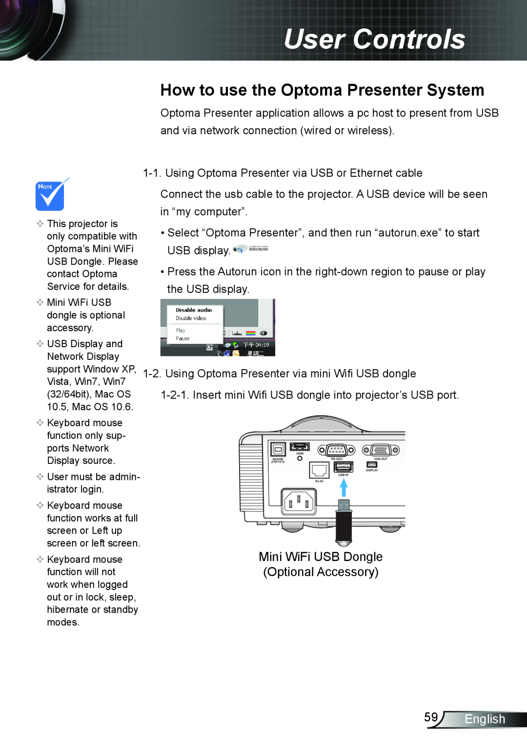 Optoma Technology TX6353D, TW6353D manual How to use the Optoma Presenter System, English, User Controls 