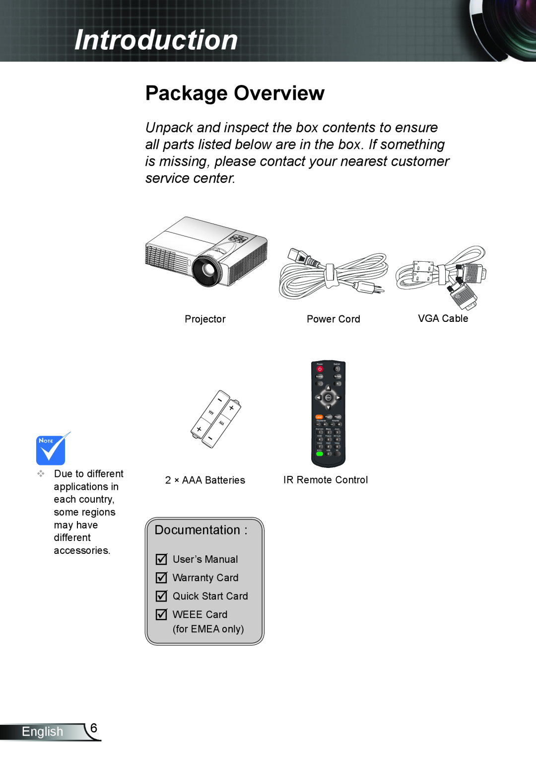 Optoma Technology TW6353D, TX6353D manual Introduction, Package Overview, English 