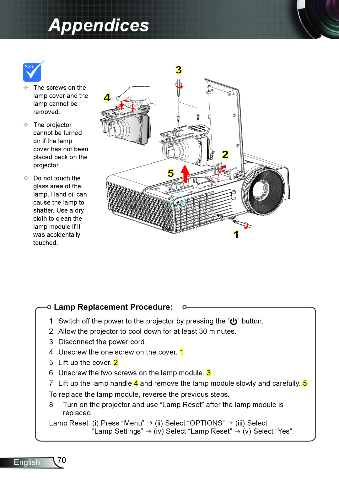Optoma Technology TW6353D, TX6353D manual Lamp Replacement Procedure, Appendices, English 