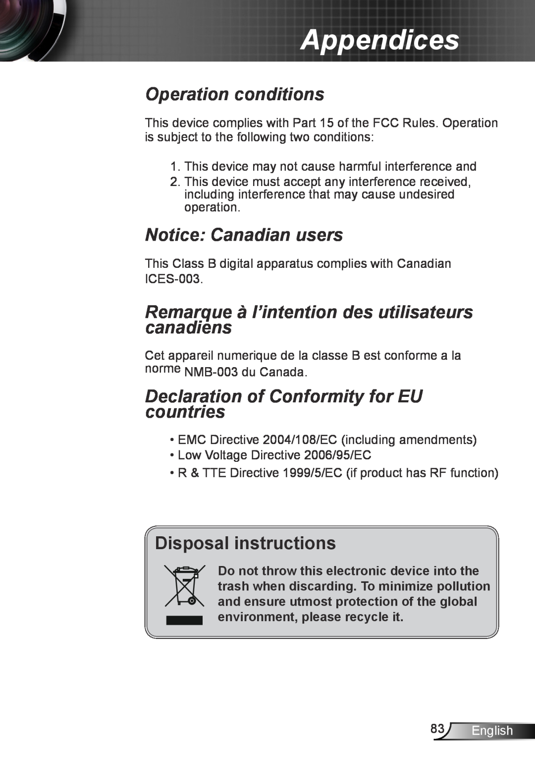 Optoma Technology TX6353D Operation conditions, Notice Canadian users, Remarque à l’intention des utilisateurs canadiens 