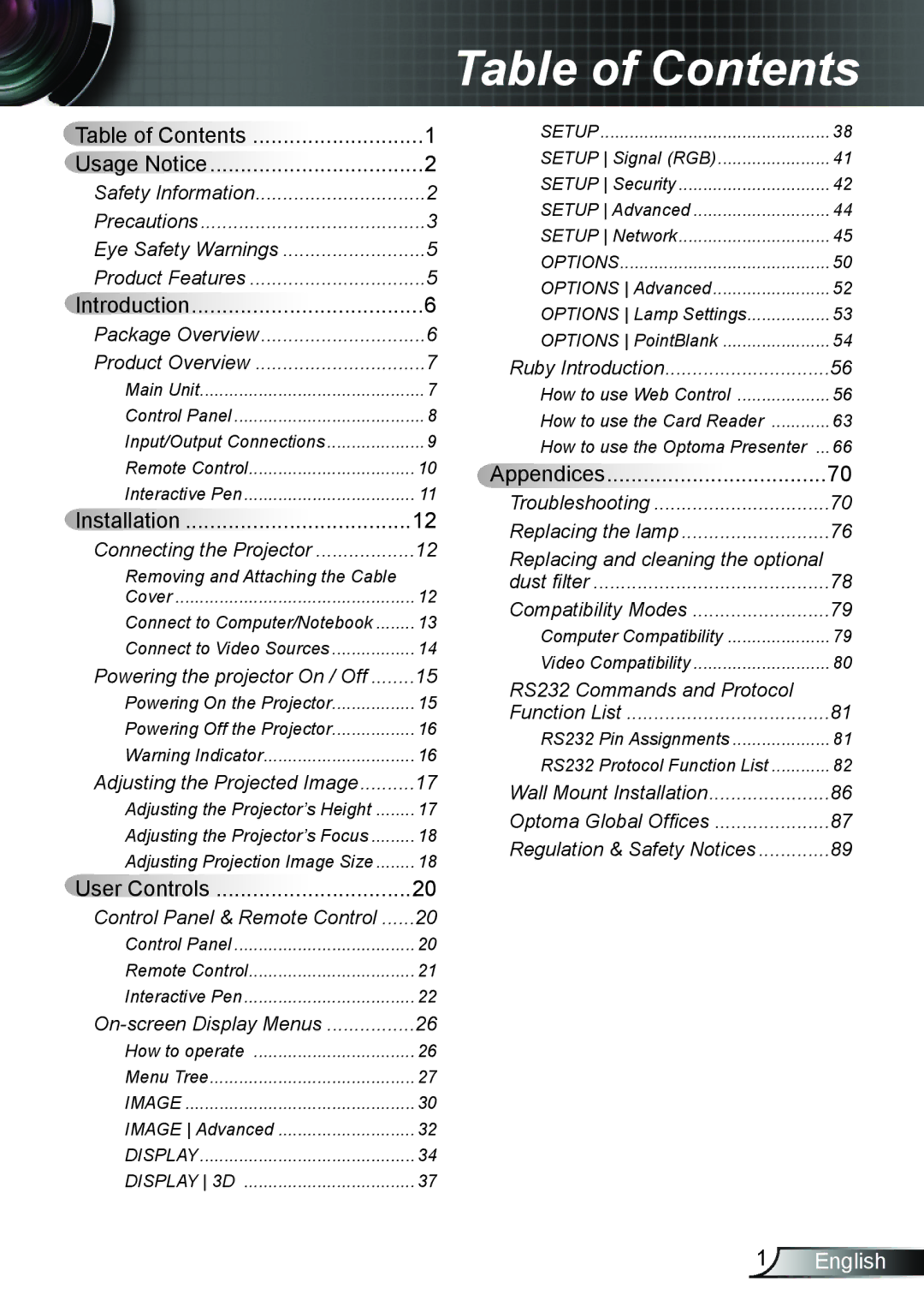 Optoma Technology TW675UST3DKIT, TW675UTIM3D, TX665UST3DMT, TX665UST3DKIT, TX665UTIM3D, TW675UTI3D manual Table of Contents 