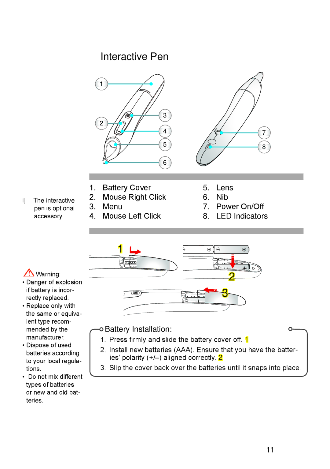 Optoma Technology TW675UST3DKIT, TW675UTIM3D, TX665UST3DMT, TX665UTIM3D Interactive Pen, Mouse Left Click LED Indicators 