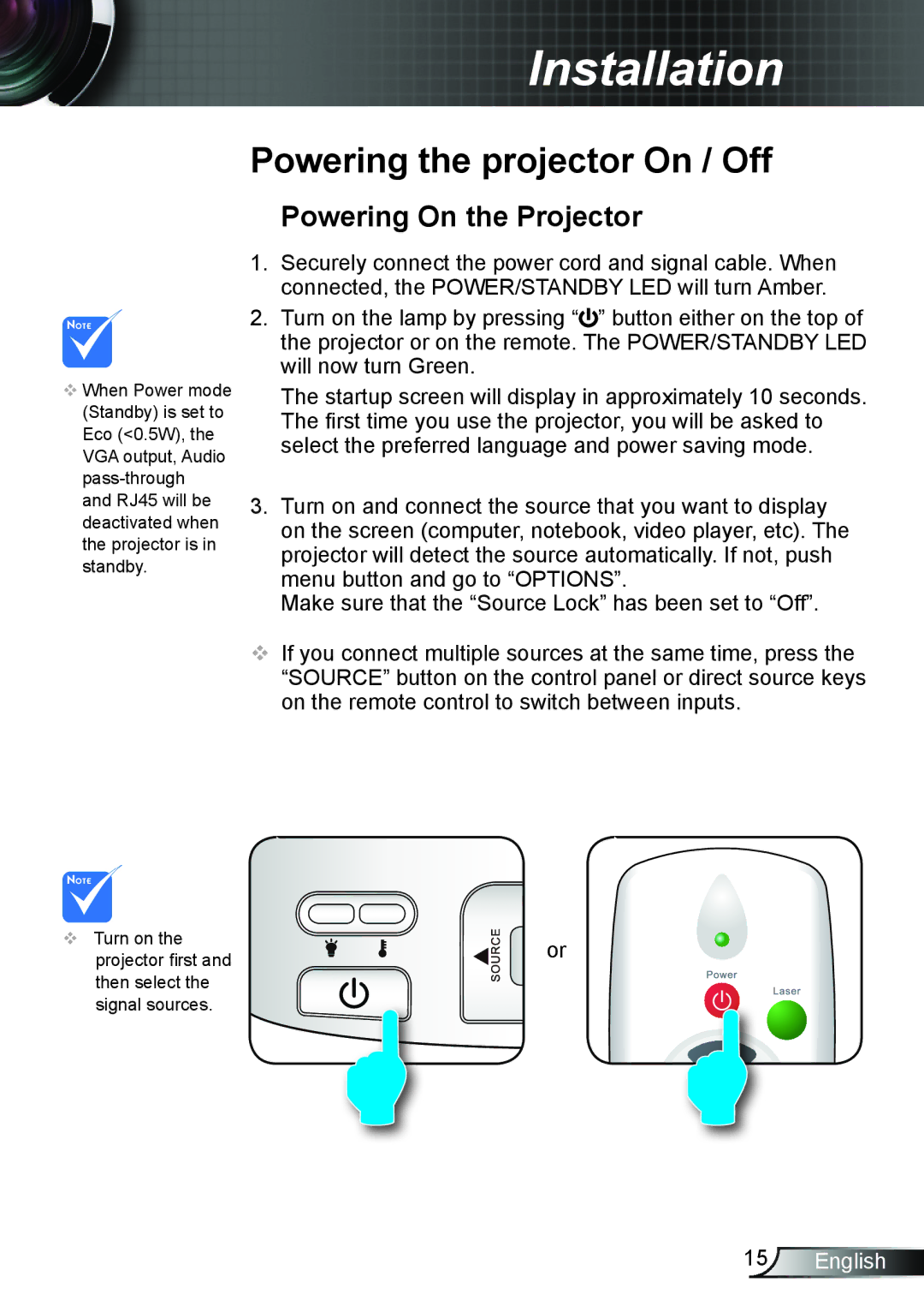 Optoma Technology TW675UTIM3D, TW675UST3DKIT, TX665UST3D manual Powering the projector On / Off, Powering On the Projector 