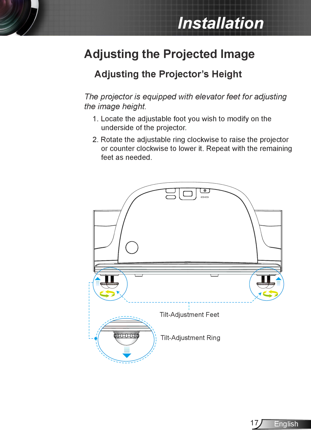 Optoma Technology TW675UTI3D, TW675UTIM3D, TW675UST3DKIT Adjusting the Projected Image, Adjusting the Projector’s Height 