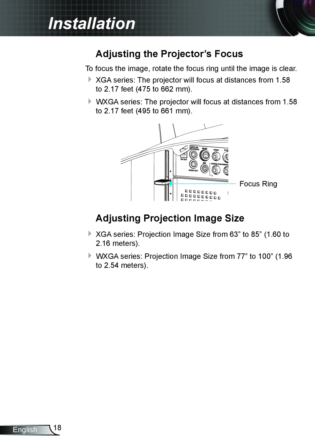 Optoma Technology TW695UTI3D, TW675UTIM3D, TW675UST3DKIT Adjusting the Projector’s Focus, Adjusting Projection Image Size 