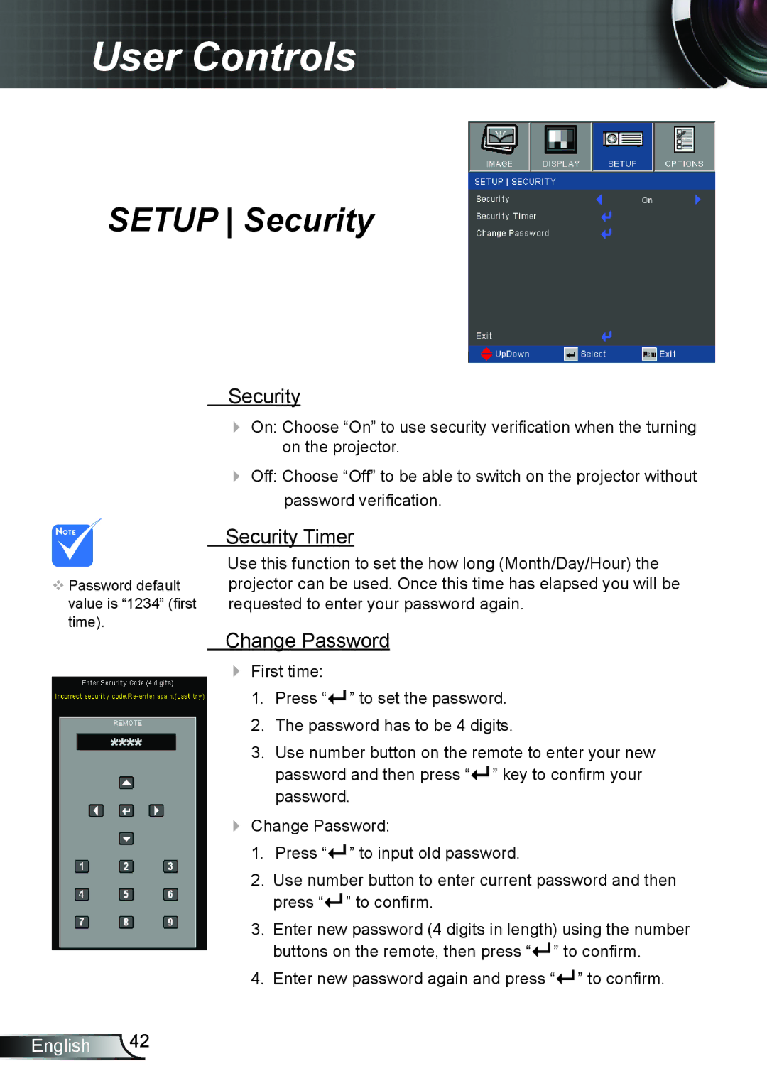 Optoma Technology TW675UTIM3D, TW675UST3DKIT, TX665UST3DMT, TX665UST3DKIT, TX665UTIM3D Security Timer, Change Password 