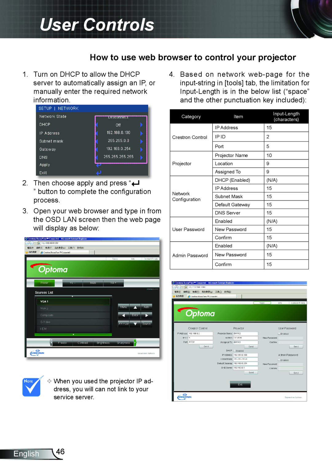 Optoma Technology TX665UTIM3D, TW675UTIM3D, TW675UST3DKIT, TX665UST3D manual How to use web browser to control your projector 