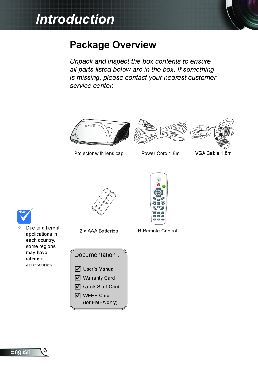 Optoma Technology TX665UTIM3D, TW675UTIM3D, TW675UST3DKIT, TX665UST3DMT, TX665UST3DKIT manual Introduction, Package Overview 