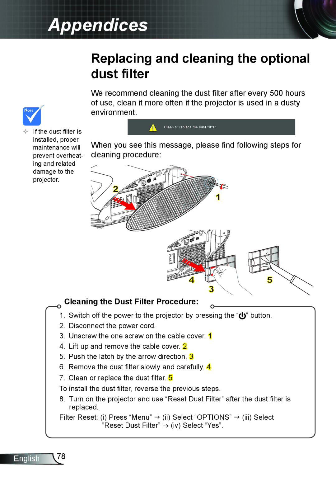 Optoma Technology TW695UTI3D manual Replacing and cleaning the optional dust filter, Cleaning the Dust Filter Procedure 