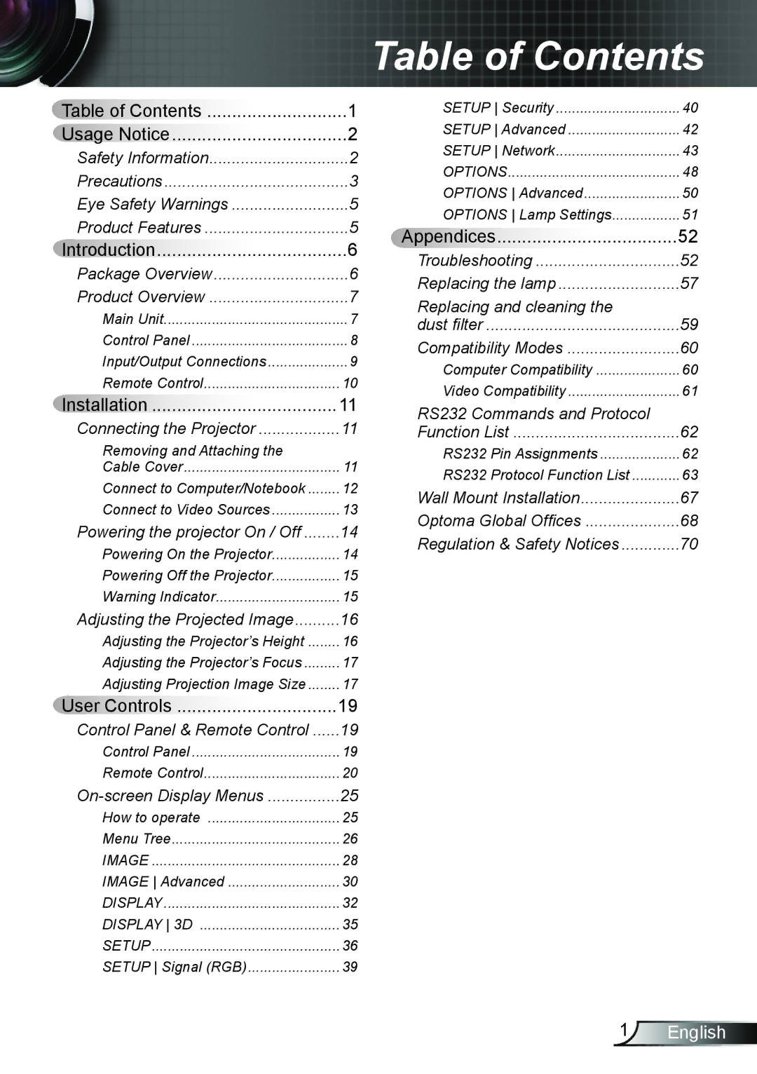 Optoma Technology TW695UT3D manual Table of Contents 