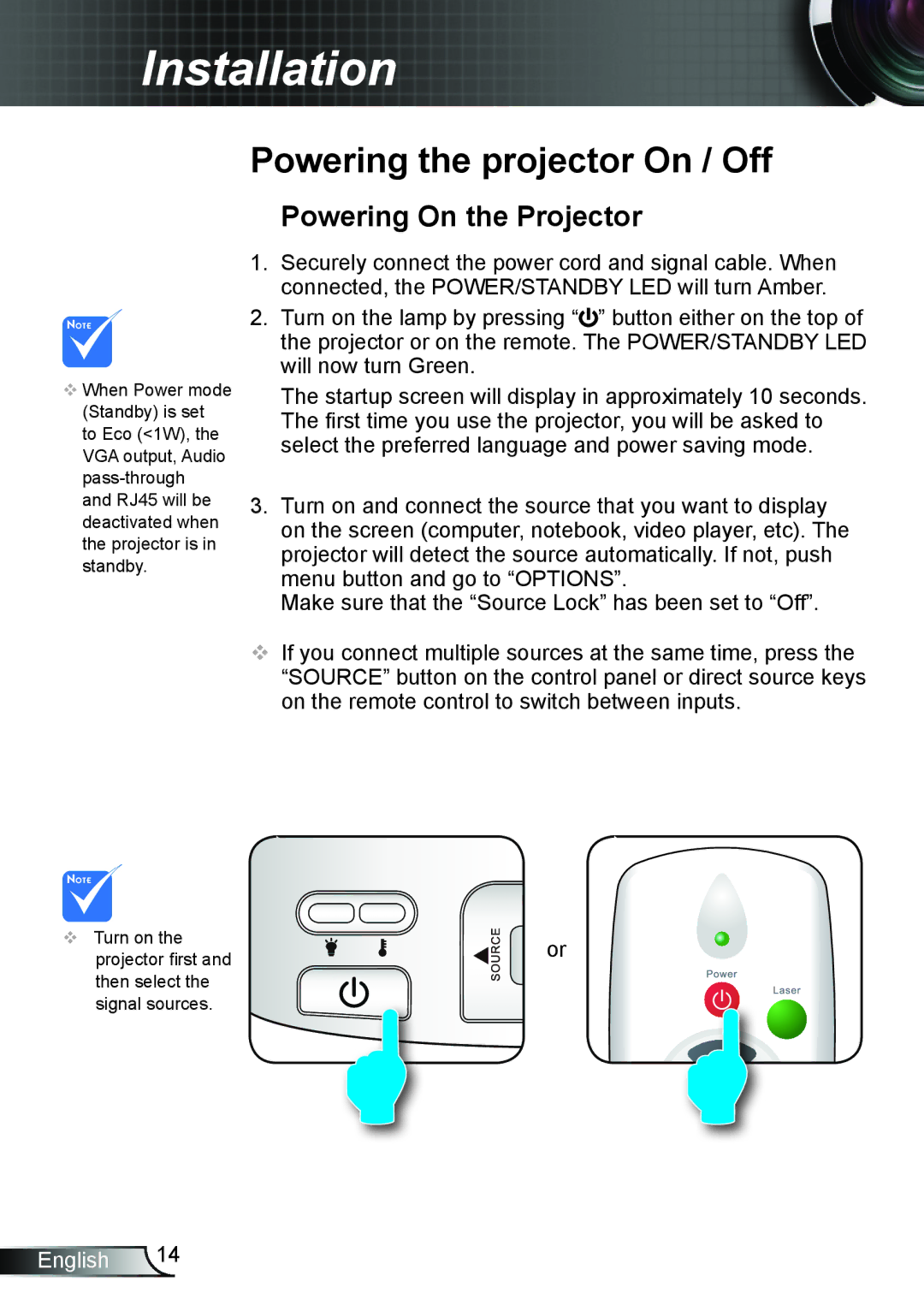 Optoma Technology TW695UT3D manual Powering the projector On / Off, Powering On the Projector 