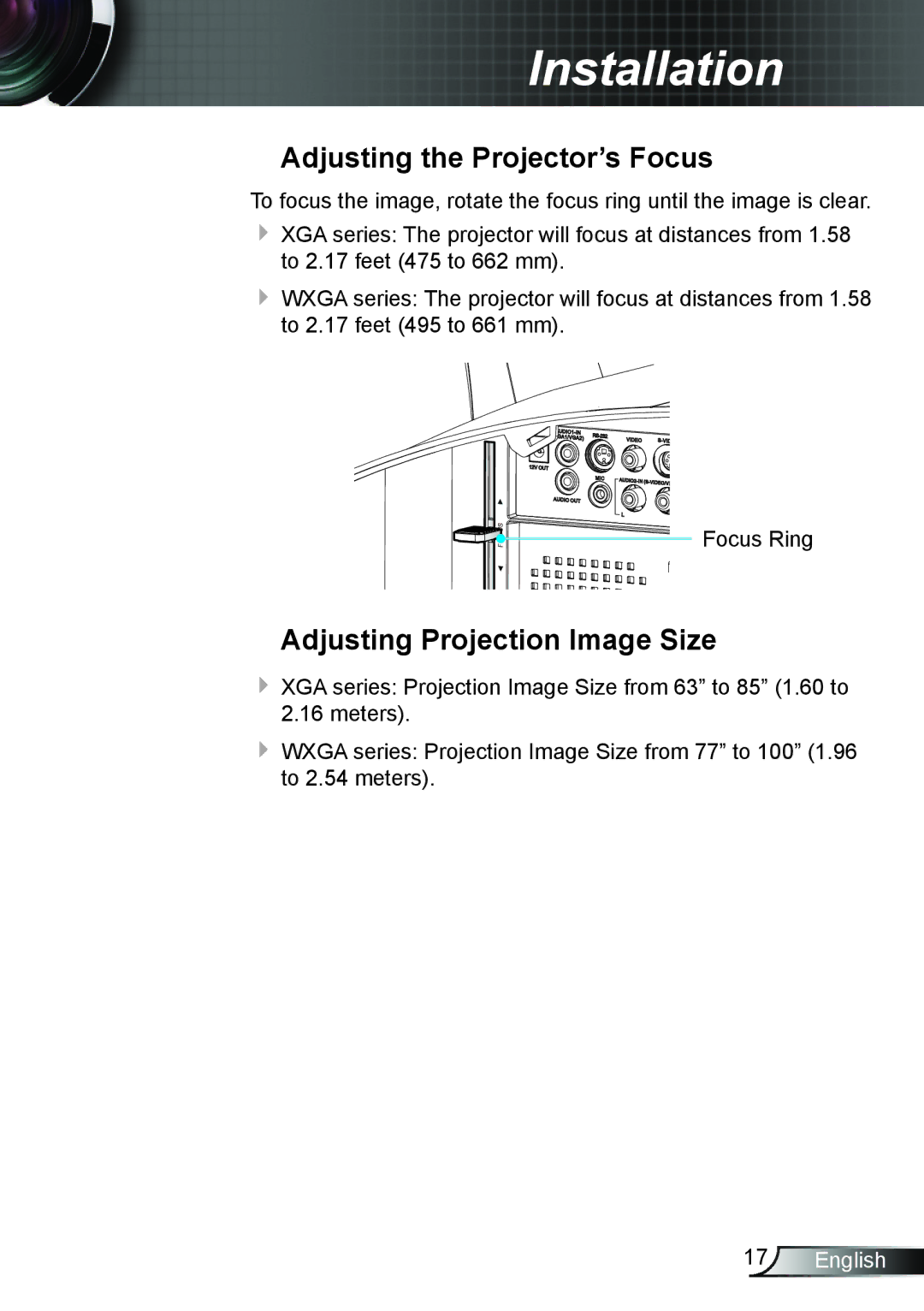 Optoma Technology TW695UT3D manual Adjusting the Projector’s Focus, Adjusting Projection Image Size 