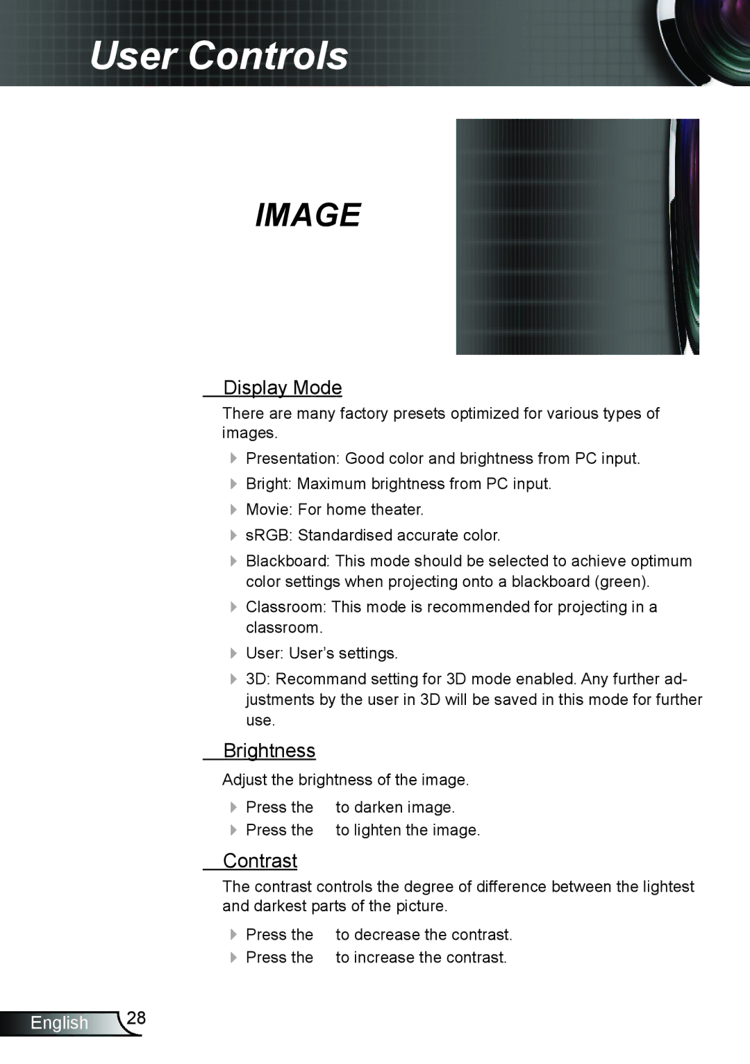 Optoma Technology TW695UT3D manual Display Mode, Brightness, Contrast 