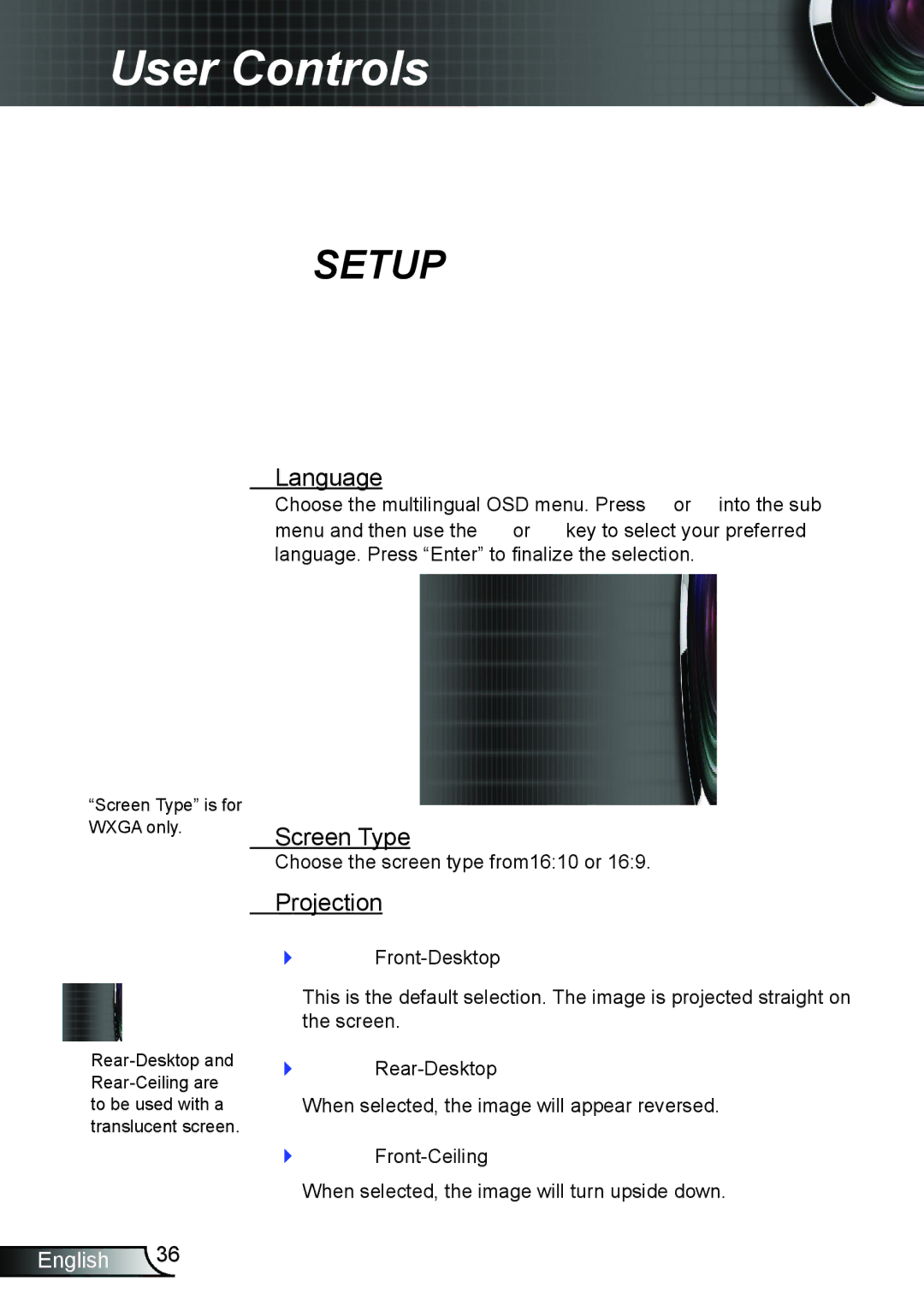 Optoma Technology TW695UT3D manual Language, Screen Type, Projection 