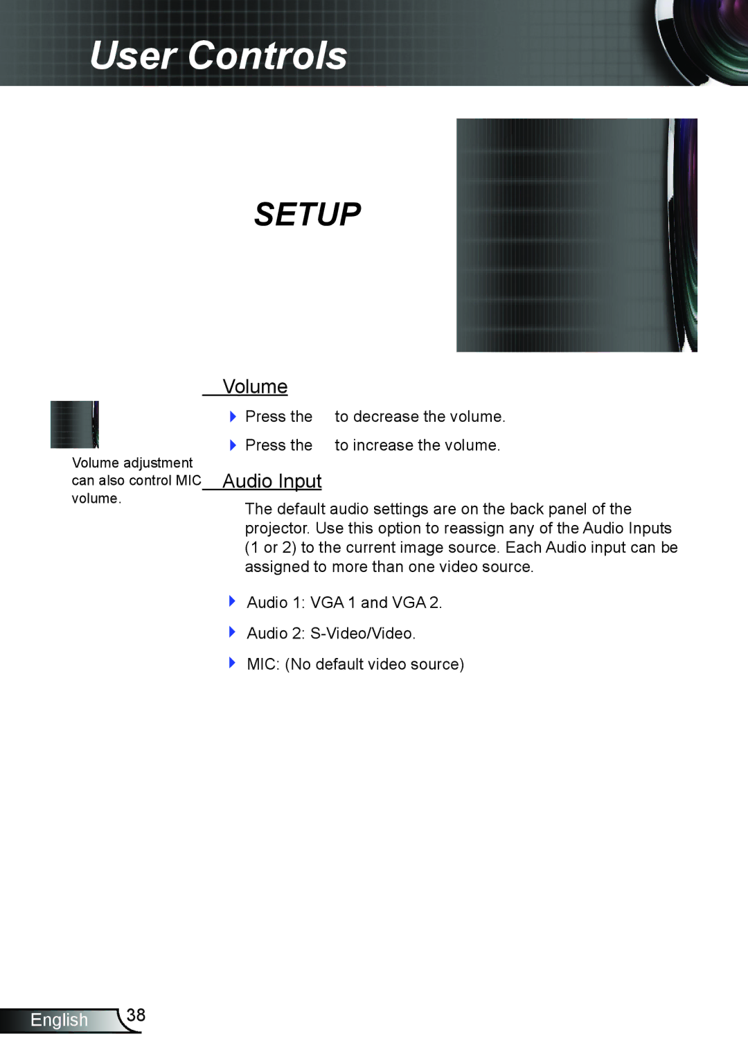 Optoma Technology TW695UT3D manual Volume, Audio Input 