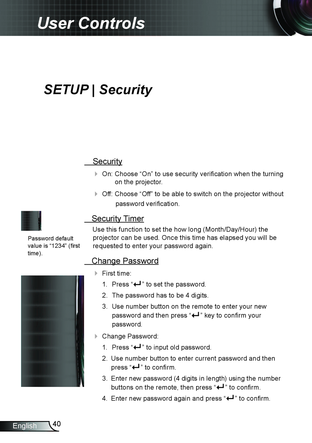 Optoma Technology TW695UT3D manual Security Timer, Change Password 