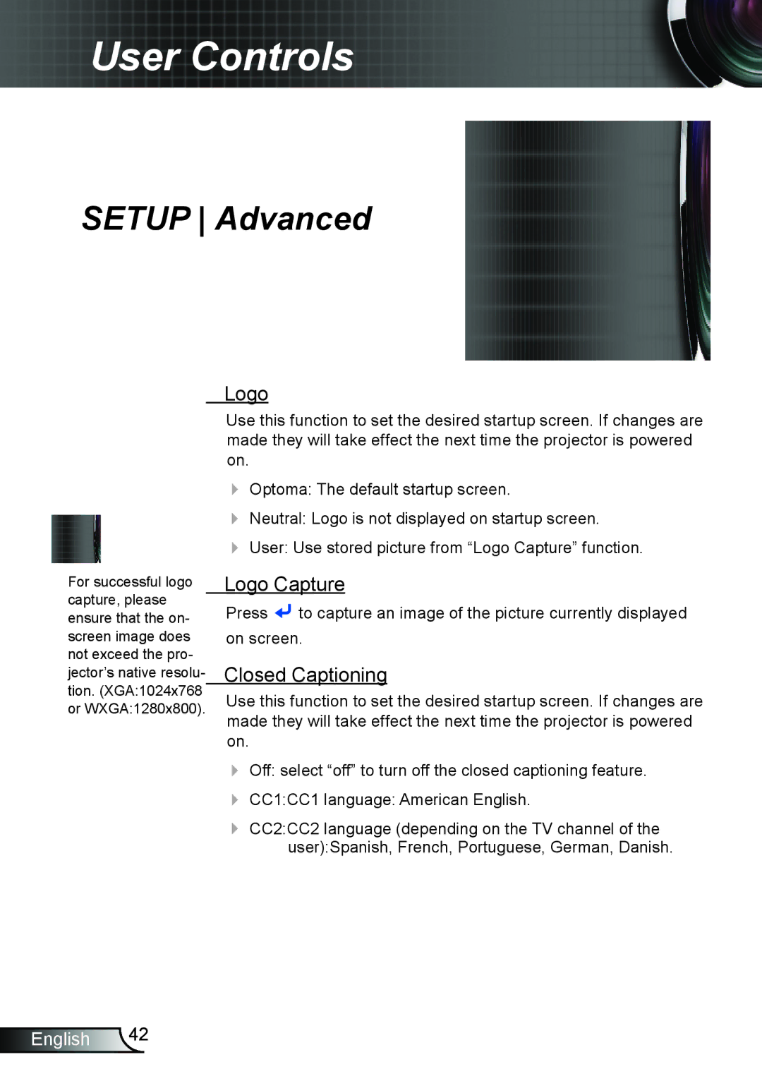 Optoma Technology TW695UT3D manual Logo Capture, Closed Captioning 