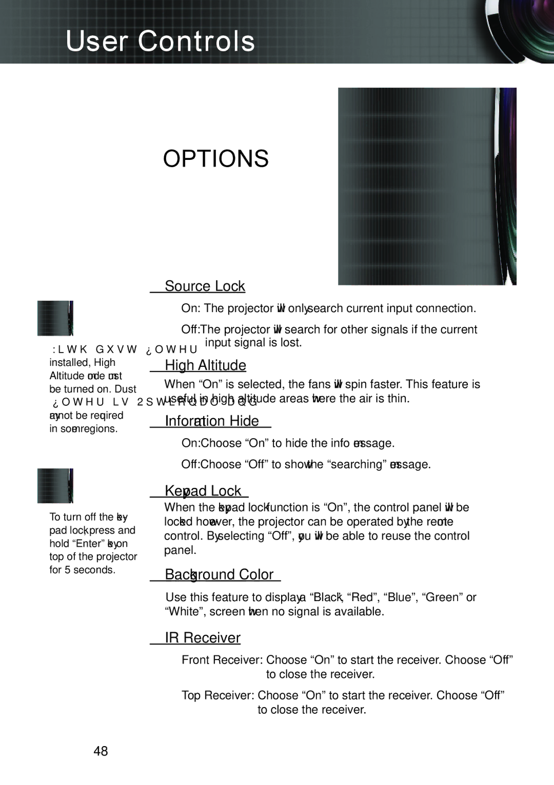 Optoma Technology TW695UT3D manual Source Lock, High Altitude, Information Hide, Keypad Lock, Background Color, IR Receiver 