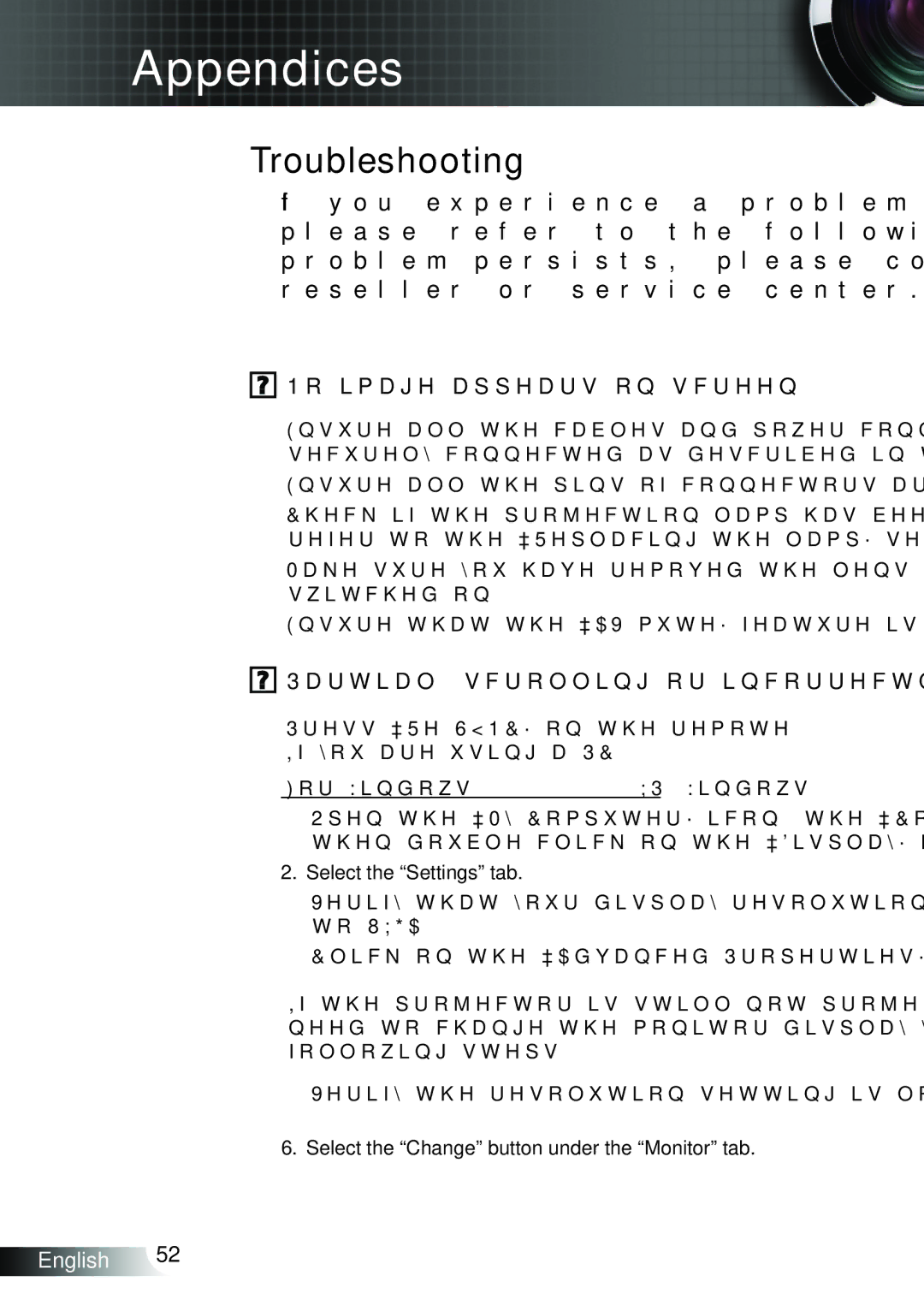 Optoma Technology TW695UT3D manual Appendices, Troubleshooting 