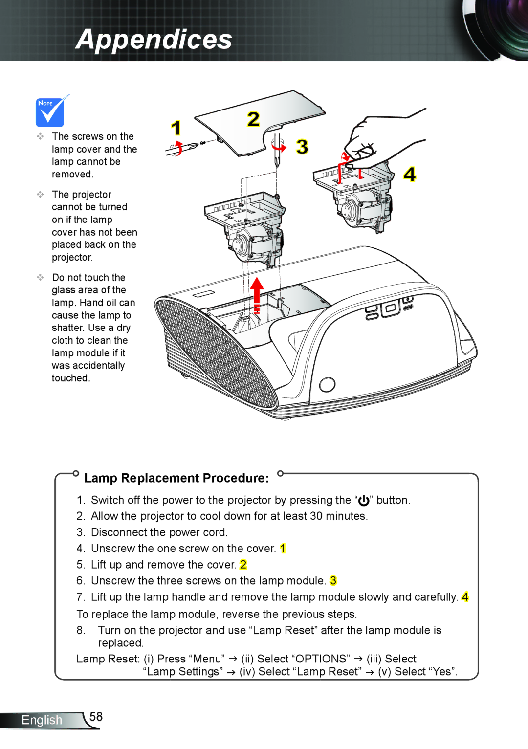 Optoma Technology TW695UT3D manual Lamp Replacement Procedure 