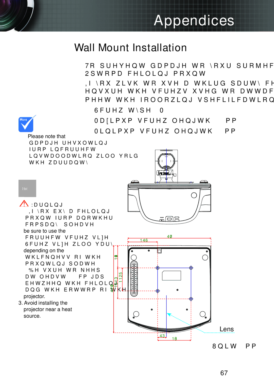 Optoma Technology TW695UT3D manual Wall Mount Installation 