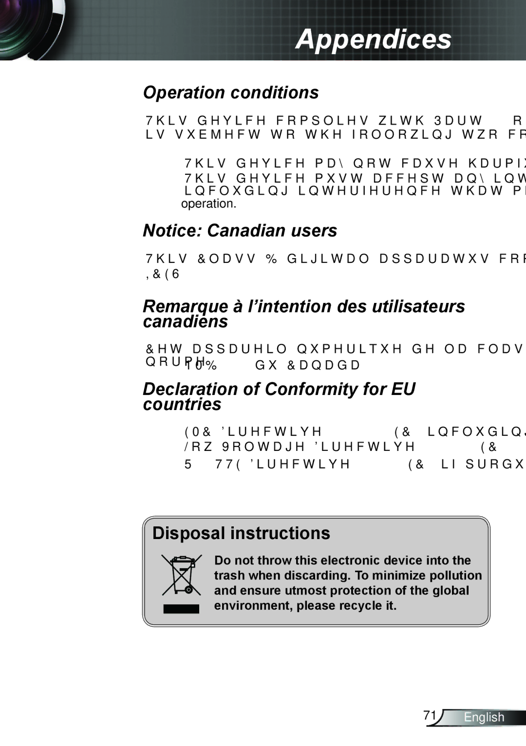 Optoma Technology TW695UT3D manual Remarque à l’intention des utilisateurs canadiens 