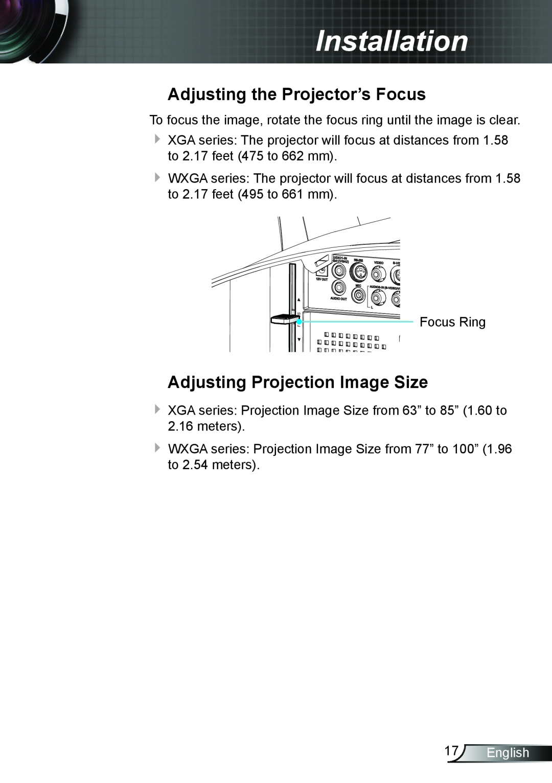 Optoma Technology TW695UT3D manual Adjusting the Projector’s Focus, Adjusting Projection Image Size, English, Installation 