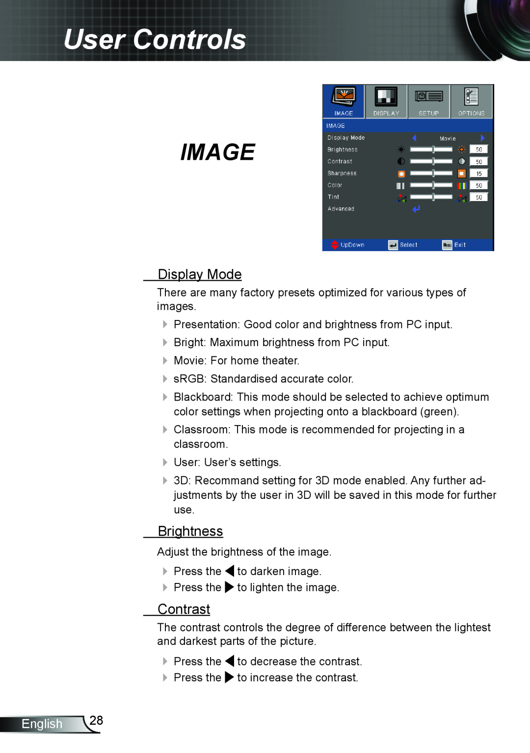 Optoma Technology TW695UT3D manual Image, Display Mode, Brightness, Contrast, User Controls, English 