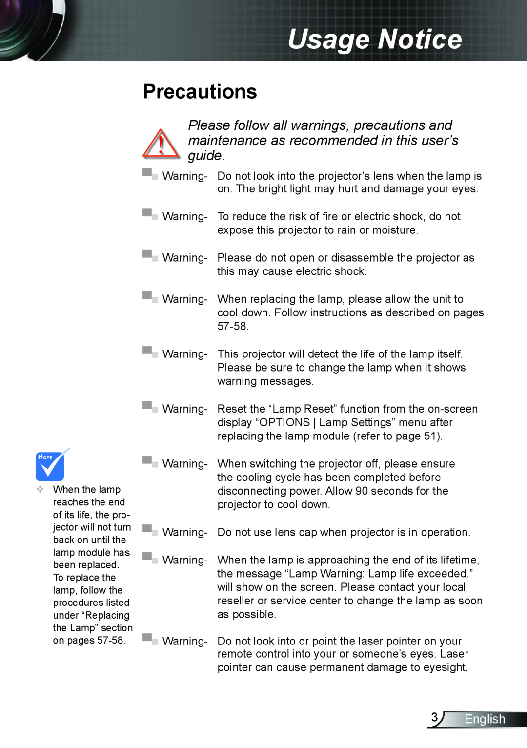 Optoma Technology TW695UT3D manual Precautions, English, Usage Notice 