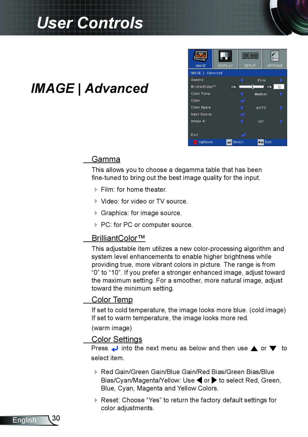 Optoma Technology TW695UT3D IMAGE Advanced, Gamma, BrilliantColor, Color Temp, Color Settings, User Controls, English 