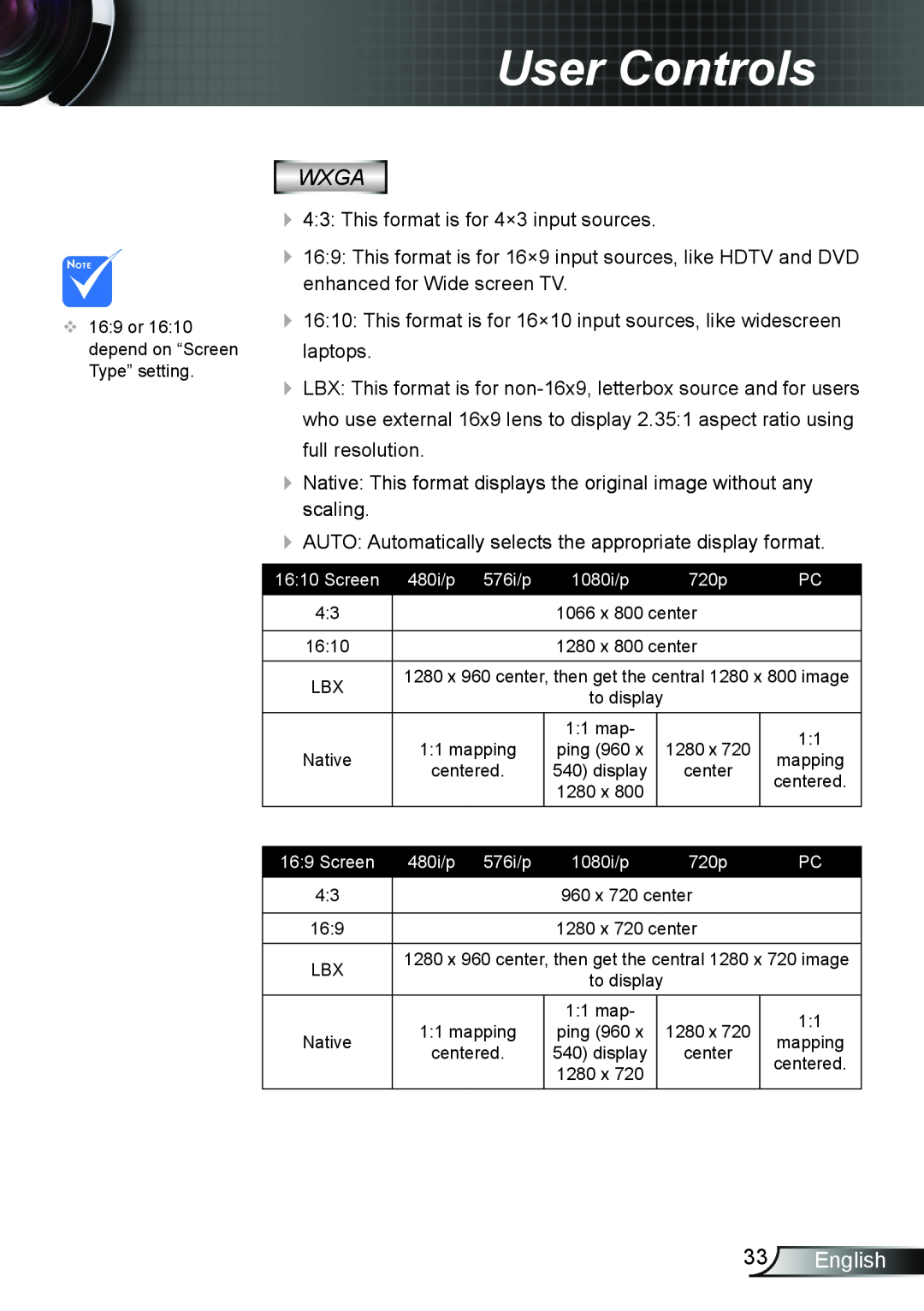 Optoma Technology TW695UT3D manual English, User Controls, Wxga, Screen 