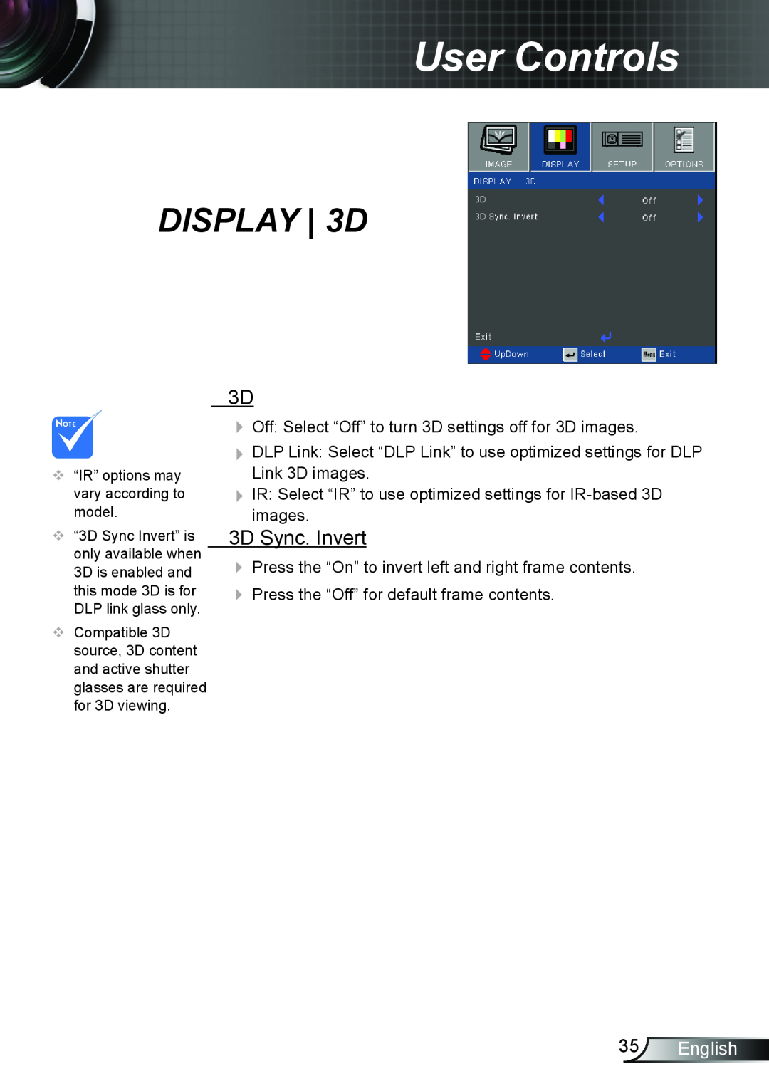 Optoma Technology TW695UT3D manual DISPLAY 3D, 3D Sync. Invert, English, User Controls 